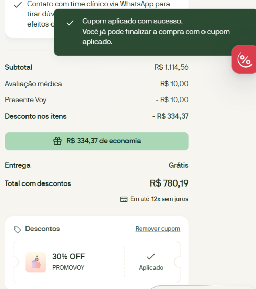 cupom da voy aplicado com sucesso